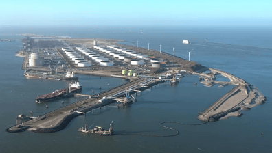 Bird's eye view of the port of Rotterdam.